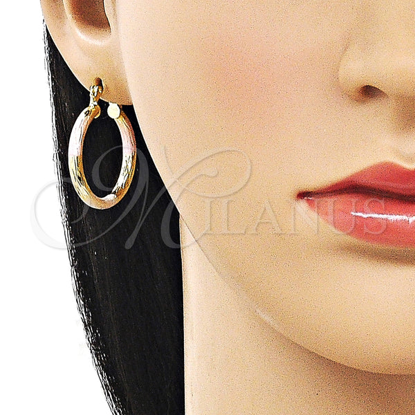 Gold Filled Hoop Earrings — Small Hoop Hollow Design Diamond Cutting Tricolor 02. — alternate product view — SKU 162680 | Oro Laminado aretes de aro — aro pequeño Hollow diseño Diamond Cutting Tricolor 02. — SKU 162680