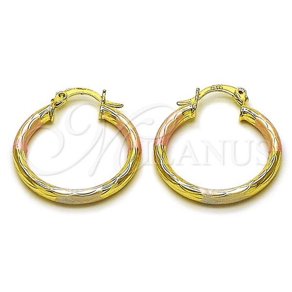 Gold Filled Hoop Earrings — Small Hoop Hollow Design Diamond Cutting Tricolor 02. — main product view — SKU 162680 | Oro Laminado aretes de aro — aro pequeño Hollow diseño Diamond Cutting Tricolor 02. — SKU 162680