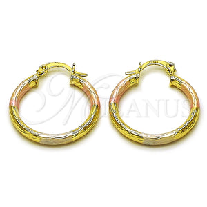 Gold Filled Hoop Earrings — Small Hoop Hollow Design Diamond Cutting Tricolor 02. — main product view — SKU 162680 | Oro Laminado aretes de aro — aro pequeño Hollow diseño Diamond Cutting Tricolor 02. — SKU 162680