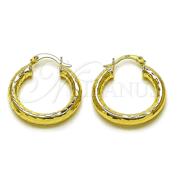 Gold Filled Hoop Earrings — Medium Hoop Hollow Design Diamond Cutting 02. — main product view — SKU 162683 | Oro Laminado aretes de aro — Medium Hoop Hollow diseño Diamond Cutting 02. — SKU 162683
