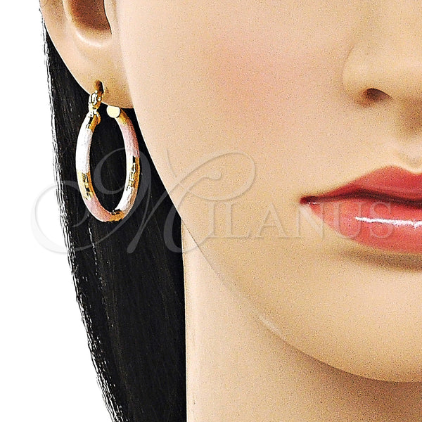Gold Filled Hoop Earrings — Medium Hoop Hollow Design Diamond Cutting Tricolor 02. — alternate product view — SKU 162686 | Oro Laminado aretes de aro — Medium Hoop Hollow diseño Diamond Cutting Tricolor 02. — SKU 162686
