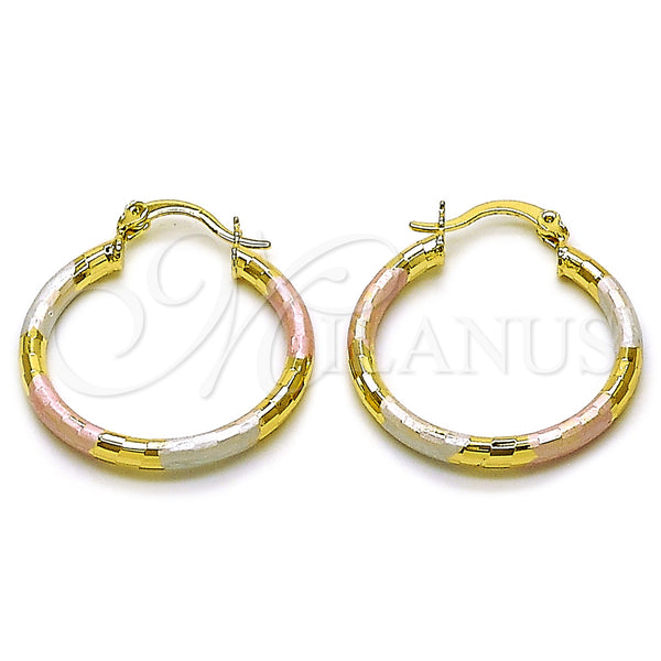 Gold Filled Hoop Earrings — Medium Hoop Hollow Design Diamond Cutting Tricolor 02. — main product view — SKU 162686 | Oro Laminado aretes de aro — Medium Hoop Hollow diseño Diamond Cutting Tricolor 02. — SKU 162686