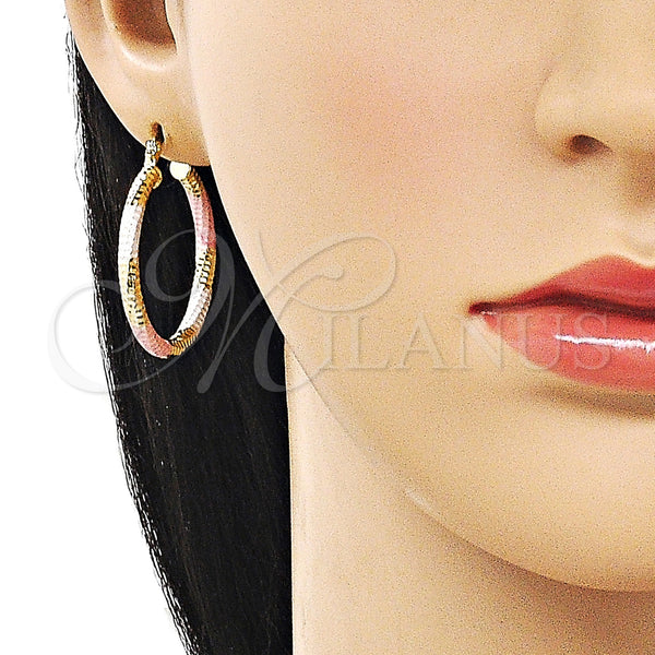 Gold Filled Hoop Earrings — Medium Hoop Hollow Design Diamond Cutting Tricolor 02. — alternate product view — SKU 162688 | Oro Laminado aretes de aro — Medium Hoop Hollow diseño Diamond Cutting Tricolor 02. — SKU 162688