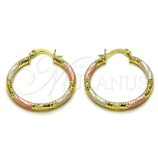Gold Filled Hoop Earrings — Medium Hoop Hollow Design Diamond Cutting Tricolor 02. — main product view — SKU 162688 | Oro Laminado aretes de aro — Medium Hoop Hollow diseño Diamond Cutting Tricolor 02. — SKU 162688