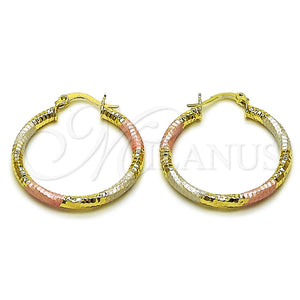 Gold Filled Hoop Earrings — Medium Hoop Hollow Design Diamond Cutting Tricolor 02. — main product view — SKU 162688 | Oro Laminado aretes de aro — Medium Hoop Hollow diseño Diamond Cutting Tricolor 02. — SKU 162688