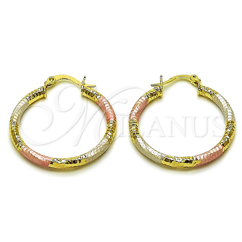 Oro Laminado Medium Hoop, Gold Filled Style Hollow Design, Diamond Cutting Finish, Tricolor, 02.213.0259.30