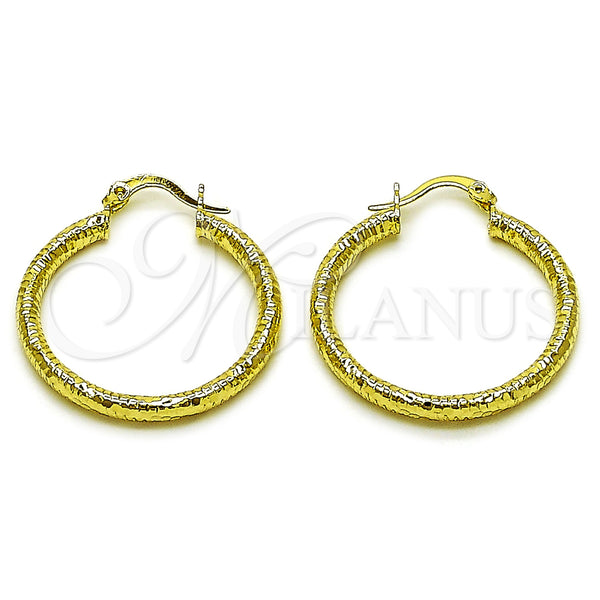 Gold Filled Hoop Earrings — Medium Hoop Hollow Design Diamond Cutting 02. — main product view — SKU 162689 | Oro Laminado aretes de aro — Medium Hoop Hollow diseño Diamond Cutting 02. — SKU 162689