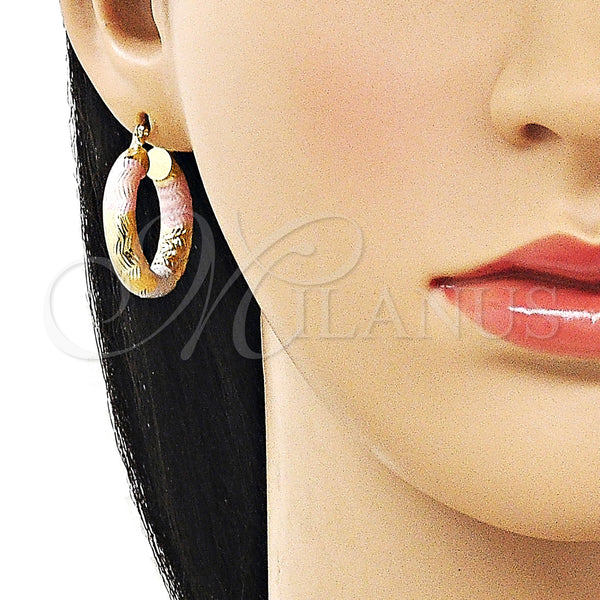 Gold Filled Hoop Earrings — Medium Hoop Hollow Design Diamond Cutting Tricolor 02. — alternate product view — SKU 162691 | Oro Laminado aretes de aro — Medium Hoop Hollow diseño Diamond Cutting Tricolor 02. — SKU 162691