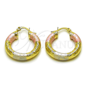 Gold Filled Hoop Earrings — Medium Hoop Hollow Design Diamond Cutting Tricolor 02. — main product view — SKU 162691 | Oro Laminado aretes de aro — Medium Hoop Hollow diseño Diamond Cutting Tricolor 02. — SKU 162691