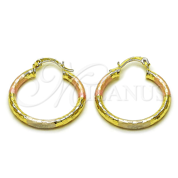 Gold Filled Hoop Earrings — Small Hoop Hollow Design Diamond Cutting Tricolor 02. — main product view — SKU 162692 | Oro Laminado aretes de aro — aro pequeño Hollow diseño Diamond Cutting Tricolor 02. — SKU 162692
