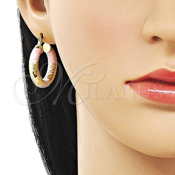 Gold Filled Hoop Earrings — Small Hoop Hollow Design Diamond Cutting Tricolor 02. — alternate product view — SKU 162695 | Oro Laminado aretes de aro — aro pequeño Hollow diseño Diamond Cutting Tricolor 02. — SKU 162695