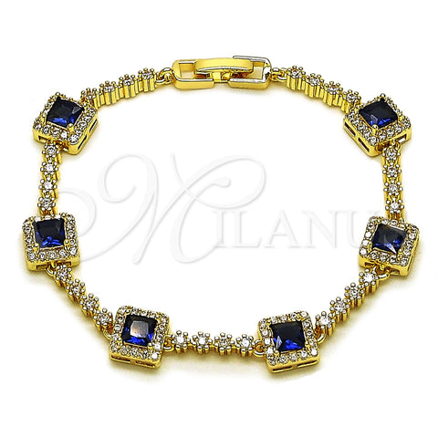 Oro Laminado Tennis Bracelet, Gold Filled Style Cluster Design, with White and Sapphire Blue Cubic Zirconia, Polished, Golden Finish, 03.266.0053.4.07
