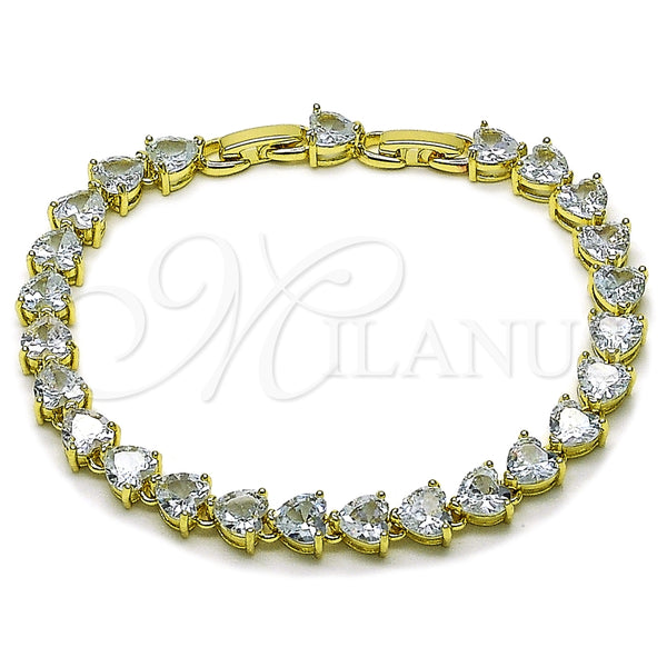 Oro Laminado Tennis Bracelet, Gold Filled Style Heart Design, with White Cubic Zirconia, Polished, Golden Finish, 03.284.0064.08