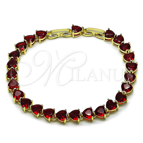 Oro Laminado Tennis Bracelet, Gold Filled Style Heart Design, with Garnet Cubic Zirconia, Polished, Golden Finish, 03.284.0064.1.08
