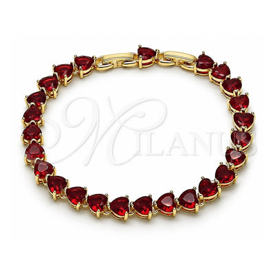 Oro Laminado Tennis Bracelet, Gold Filled Style Heart Design, with Garnet Cubic Zirconia, Polished, Golden Finish, 03.284.0064.1.08 (Thickness, 8 Inches Length)