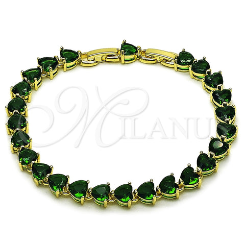 Oro Laminado Tennis Bracelet, Gold Filled Style Heart Design, with Green Cubic Zirconia, Polished, Golden Finish, 03.284.0064.2.08