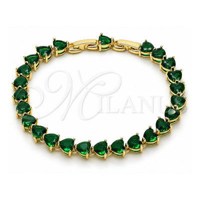 Oro Laminado Tennis Bracelet, Gold Filled Style Heart Design, with Green Cubic Zirconia, Polished, Golden Finish, 03.284.0064.2.08 (Thickness, 8 Inches Length)