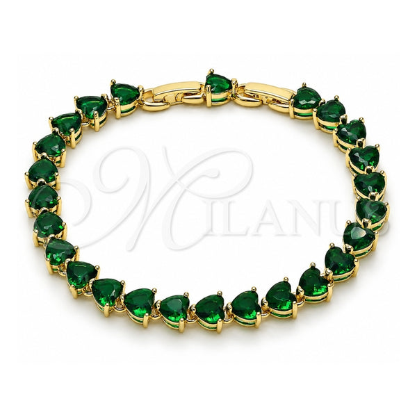 Oro Laminado Tennis Bracelet, Gold Filled Style Heart Design, with Green Cubic Zirconia, Polished, Golden Finish, 03.284.0064.2.08 (Thickness, 8 Inches Length)