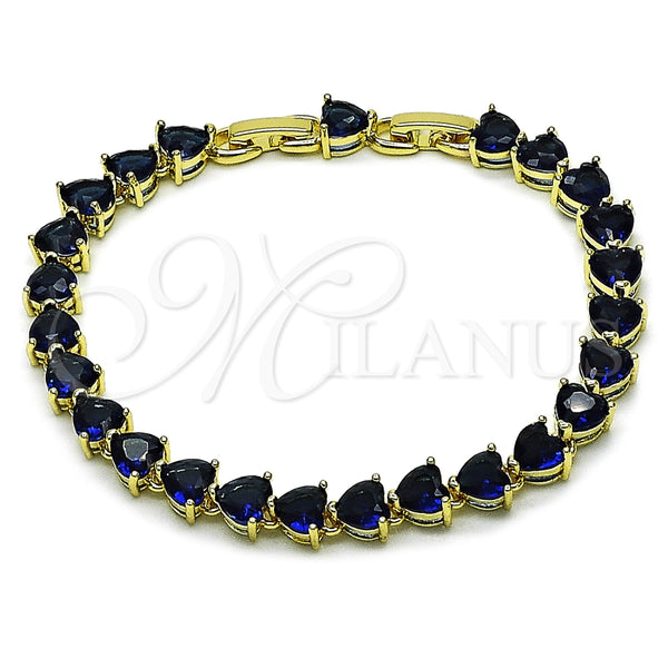 Gold Filled Bracelet — Tennis Bracelet Heart Design with Sapphire Blue Cubic — main product view — SKU 162717 | Oro Laminado brazalete — Tennis Bracelet corazón diseño with Sapphire Blue Cubic — SKU 162717