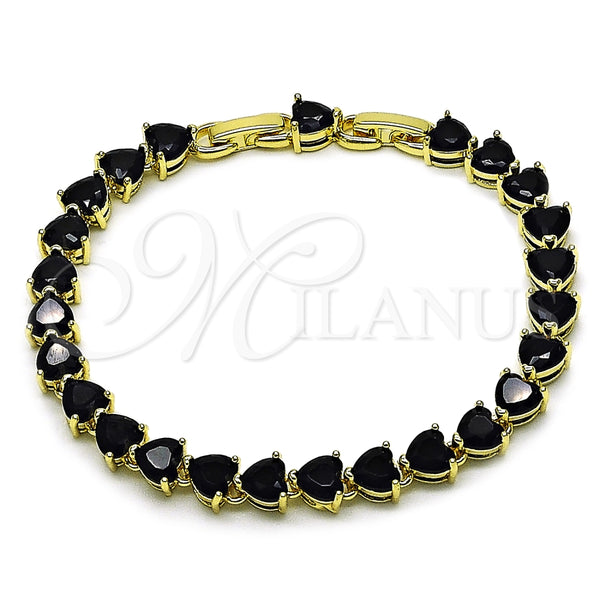 Oro Laminado Tennis Bracelet, Gold Filled Style Heart Design, with Black Cubic Zirconia, Polished, Golden Finish, 03.284.0064.4.08