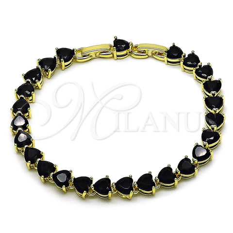 Oro Laminado Tennis Bracelet, Gold Filled Style Heart Design, with Black Cubic Zirconia, Polished, Golden Finish, 03.284.0064.4.08