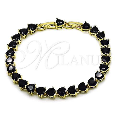 Oro Laminado Tennis Bracelet, Gold Filled Style Heart Design, with Black Cubic Zirconia, Polished, Golden Finish, 03.284.0064.4.08 (Thickness, 8 Inches Length)
