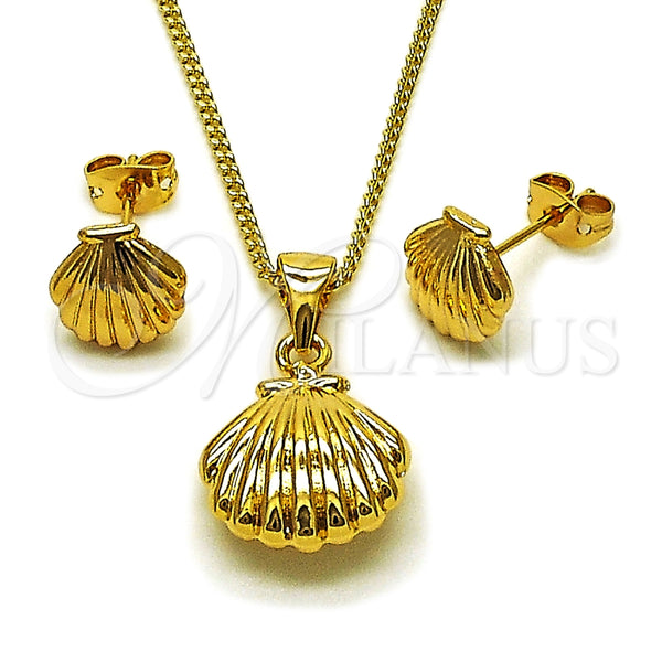 Oro Laminado Earring and Pendant Adult Set, Gold Filled Style Shell Design, Polished, Golden Finish, 10.342.0277