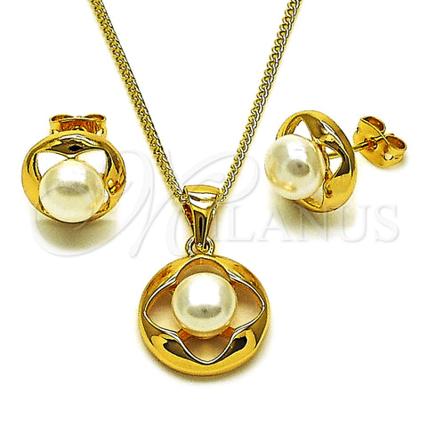 Oro Laminado Earring and Pendant Adult Set, Gold Filled Style Flower and Ball Design, with Ivory Pearl, Polished, Golden Finish, 10.342.0278