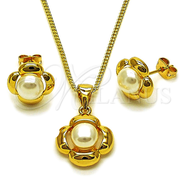 Oro Laminado Earring and Pendant Adult Set, Gold Filled Style Four-leaf Clover Design, with Ivory Pearl, Polished, Golden Finish, 10.342.0280