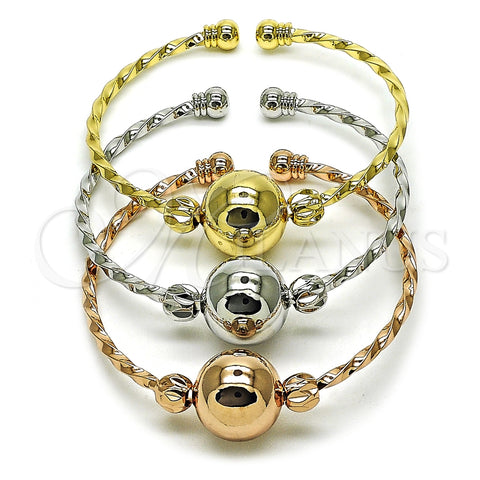 Oro Laminado Trio Bangle, Gold Filled Style Ball and Twist Design, Polished, Tricolor, 07.282.0050
