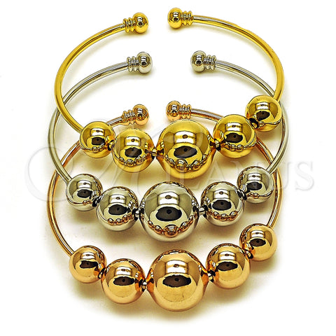 Oro Laminado Trio Bangle, Gold Filled Style Ball and Hollow Design, Polished, Tricolor, 07.282.0052