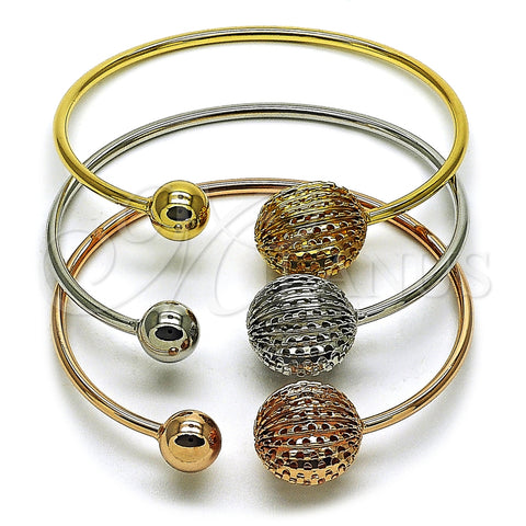 Oro Laminado Trio Bangle, Gold Filled Style Ball Design, Diamond Cutting Finish, Tricolor, 07.282.0055