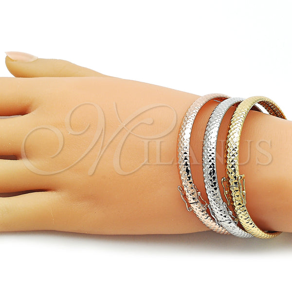 Gold Filled Jewelry — Trio Bangle Hollow Design Diamond Cutting Tricolor 07. — alternate product view — SKU 162746 | Oro Laminado joyería — Trio Bangle Hollow diseño Diamond Cutting Tricolor 07. — SKU 162746
