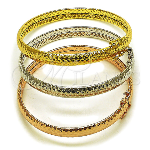 Oro Laminado Trio Bangle, Gold Filled Style Hollow Design, Diamond Cutting Finish, Tricolor, 07.282.0062.04 (Thickness, Size 4 (2.25 Diameter))