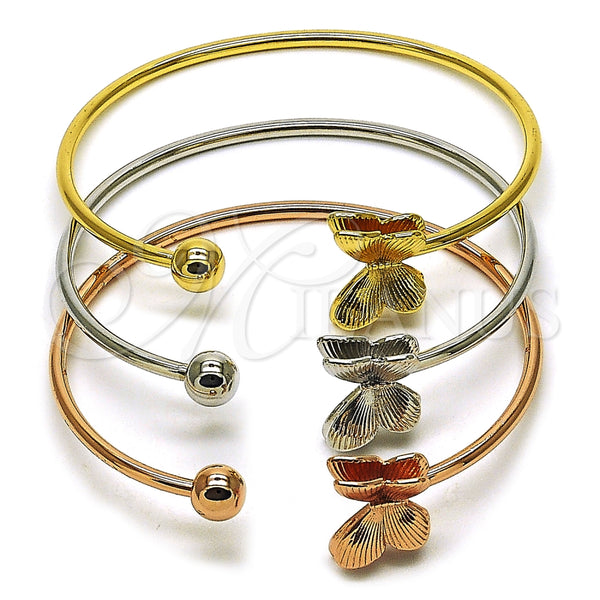 Oro Laminado Trio Bangle, Gold Filled Style Butterfly and Ball Design, Polished, Tricolor, 07.282.0066