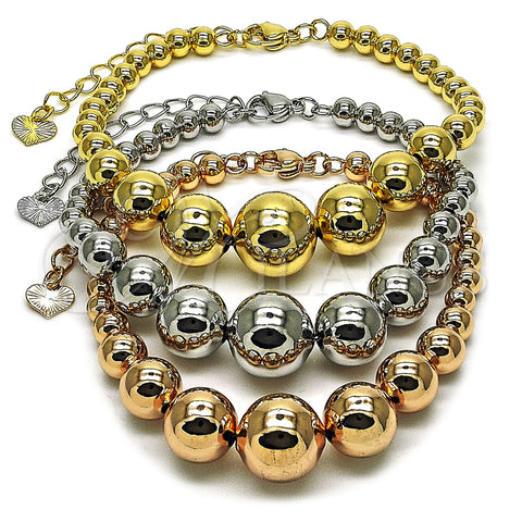 Oro Laminado Fancy Bracelet, Gold Filled Style Ball and Hollow Design, Polished, Tricolor, 03.282.0008.07