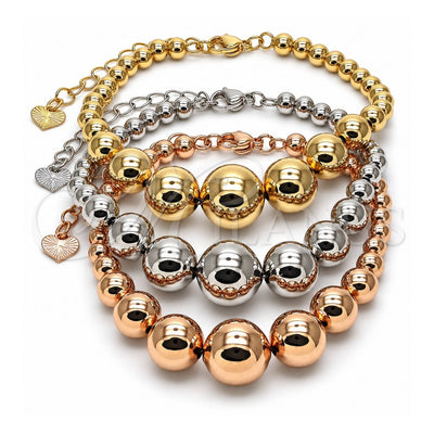 Oro Laminado Fancy Bracelet, Gold Filled Style Ball and Hollow Design, Polished, Tricolor, 03.282.0008.07 (14 MM Thickness, 8 Inches Length)