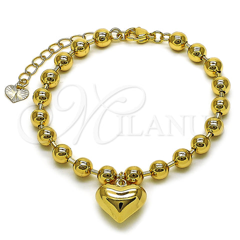 Oro Laminado Fancy Bracelet, Gold Filled Style Heart and Ball Design, Polished, Golden Finish, 03.282.0011.07 (06 MM Thickness, 7 Inches Length)