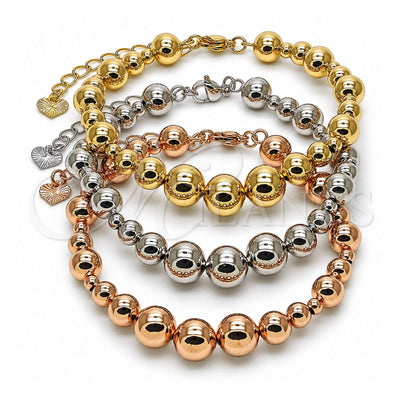Oro Laminado Fancy Bracelet, Gold Filled Style Ball and Hollow Design, Polished, Tricolor, 03.282.0012.08 (10 MM Thickness, 8 Inches Length)