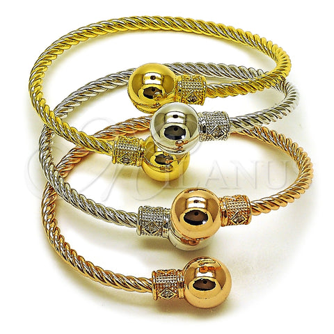 Oro Laminado Trio Bangle, Gold Filled Style Ball and Twist Design, with White Cubic Zirconia, Polished, Tricolor, 07.282.0074