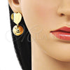 Oro Laminado Dangle Earring, Gold Filled Style Ball and Heart Design, Polished, Golden Finish, 02.282.0095