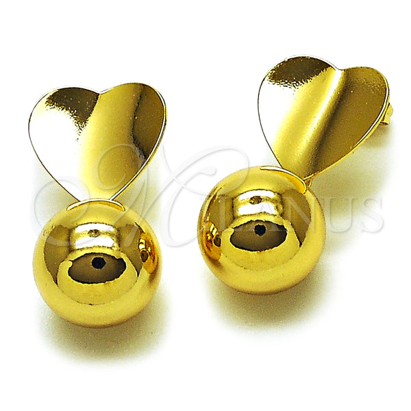 Oro Laminado Dangle Earring, Gold Filled Style Ball and Heart Design, Polished, Golden Finish, 02.282.0095