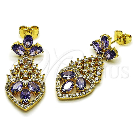 Oro Laminado Long Earring, Gold Filled Style Teardrop and Heart Design, with Amethyst and White Cubic Zirconia, Polished, Golden Finish, 02.282.0104