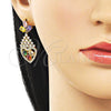 Oro Laminado Long Earring, Gold Filled Style Teardrop and Heart Design, with Multicolor and White Cubic Zirconia, Polished, Golden Finish, 02.282.0104.1