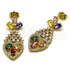 Oro Laminado Long Earring, Gold Filled Style Teardrop and Heart Design, with Multicolor and White Cubic Zirconia, Polished, Golden Finish, 02.282.0104.1