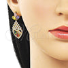 Oro Laminado Long Earring, Gold Filled Style Teardrop and Heart Design, with Multicolor and White Cubic Zirconia, Polished, Golden Finish, 02.282.0104.1
