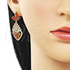 Oro Laminado Long Earring, Gold Filled Style Teardrop and Heart Design, with Garnet and White Cubic Zirconia, Polished, Golden Finish, 02.282.0104.2