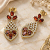 Oro Laminado Long Earring, Gold Filled Style Teardrop and Heart Design, with Garnet and White Cubic Zirconia, Polished, Golden Finish, 02.282.0104.2