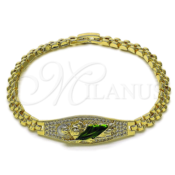 Oro Laminado Fancy Bracelet, Gold Filled Style San Judas and Belt Buckle Design, with White Cubic Zirconia, Polished, Golden Finish, 03.411.0080.08