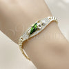 Oro Laminado Fancy Bracelet, Gold Filled Style San Judas and Belt Buckle Design, with White Cubic Zirconia, Polished, Tricolor, 03.411.0080.08 (Thickness, 8 Inches Length)